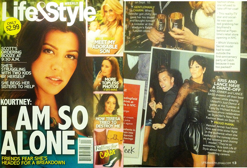 Lance Bass wearing Tumbler and Tipsy by Michael Kuluva with Kris Jenner Dancing to Just Dance 4 in Life & Style Weekly!